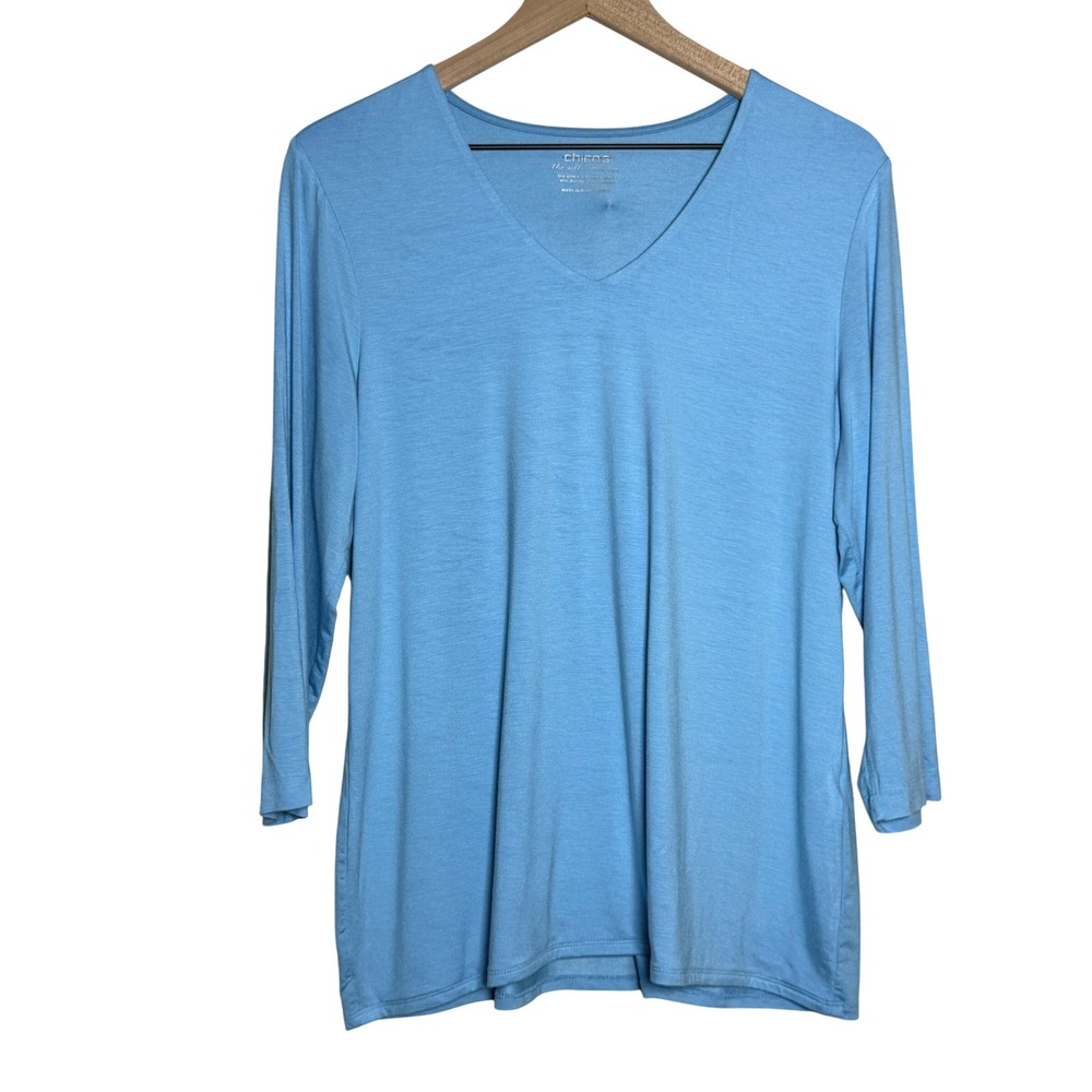 Chico's Womens Ultimate Tee L Size 2 Blue Stretch V-Neck Casual Basics‎ Office